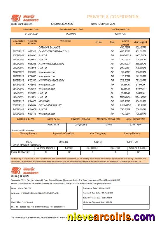 India Bank of Baroda BOBCARDS bank statement